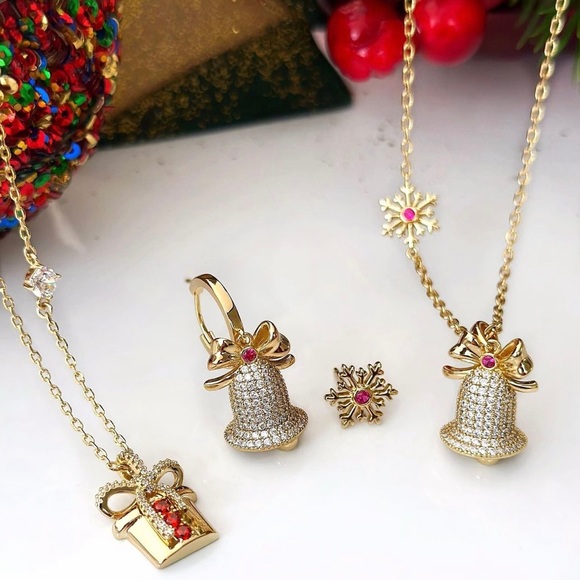 Christmas Bell Necklace and Earrings Set 14k Gold Luxury Jewelry - Picture 2 of 9